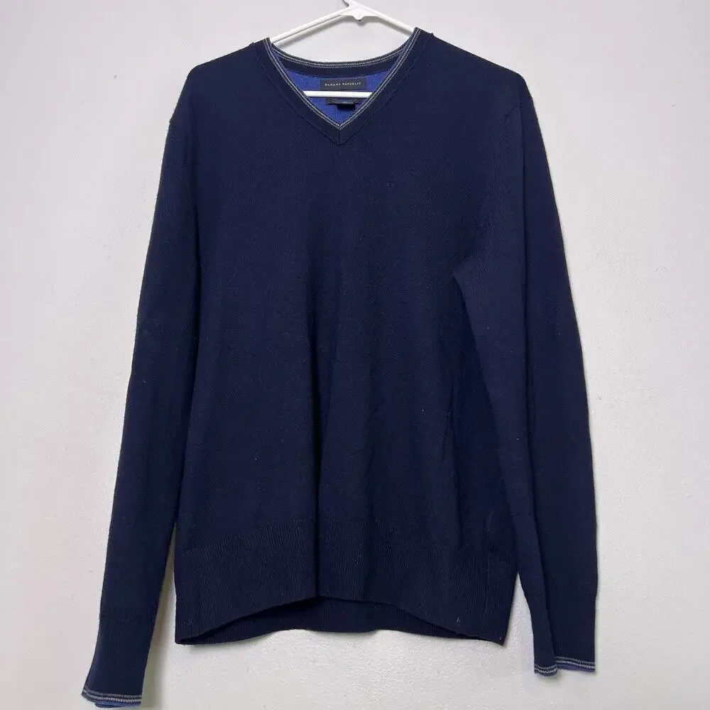 Banana Republic Men's Extra Fine Merino Wool Sweater V Neck Navy Blue Sz L